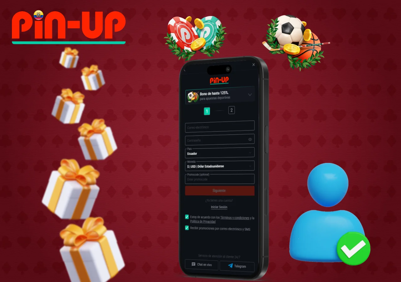 Pantalla de registro en de Pin-Up con iconos de regalos y deportes, resaltando la oferta de bono del 125%